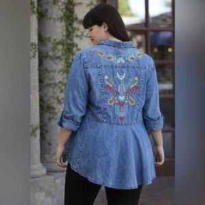 Boho Embroidered Denim Shirt Western Floral Tunic Top Nostalgia Large